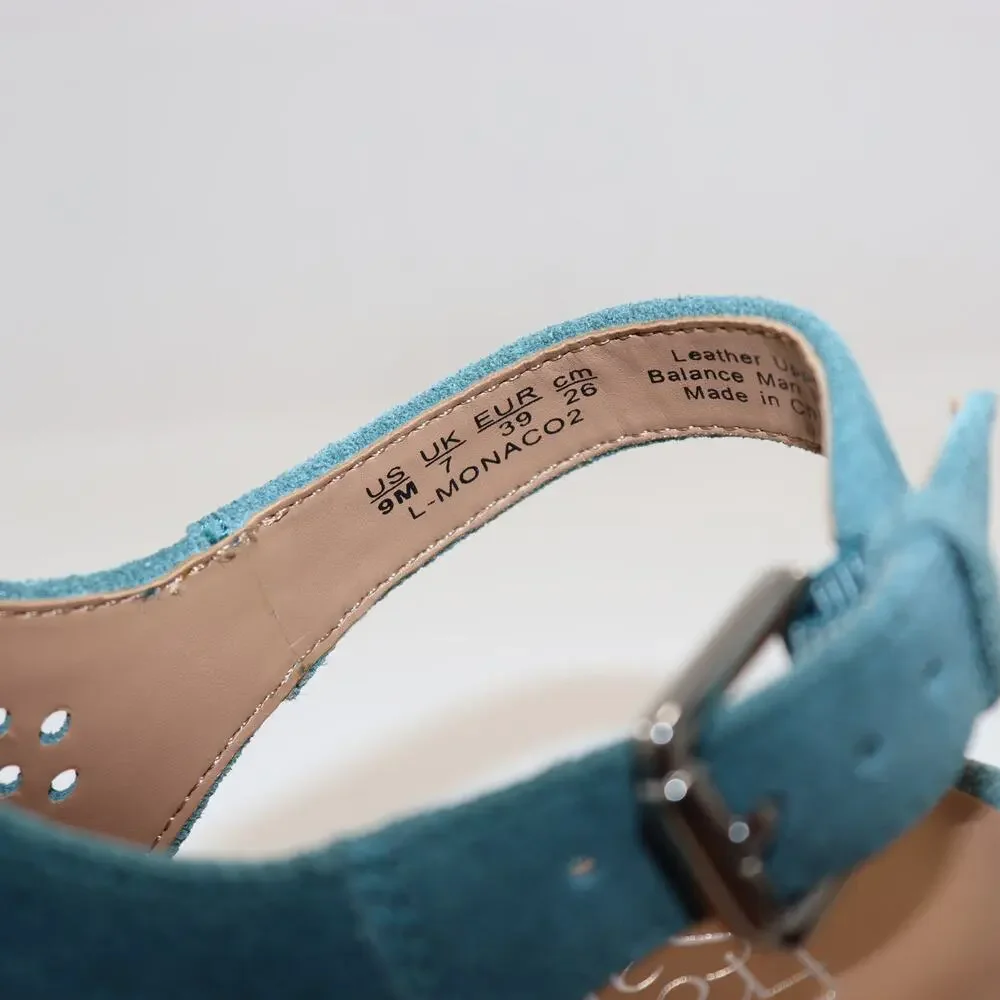 Franco Sarto Monaco‎ Teal Suede Cutout Sandals Slingback Block Heel Women’s 9M